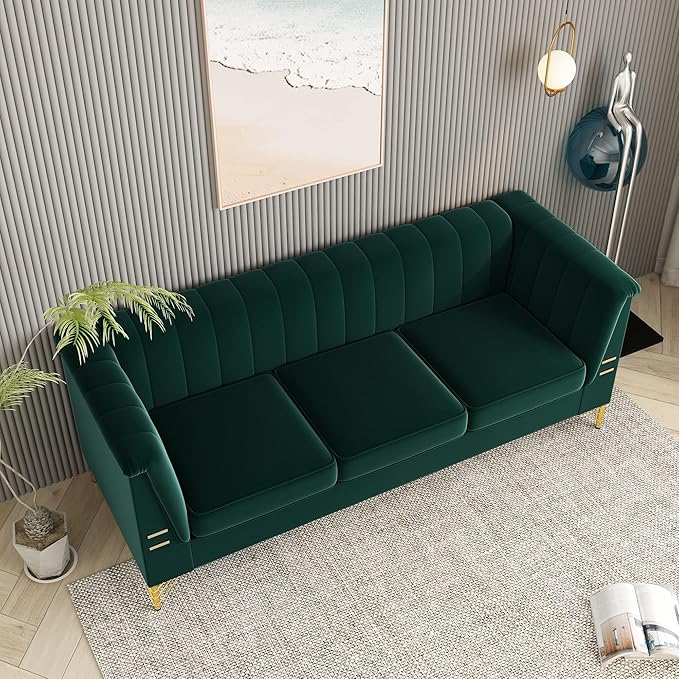 83.46 W Green Velvet Sofa Couch with Metal Gold Legs 3-Seater High Arm Upholstered Sofa for Living Room Bedroom Office (Green)