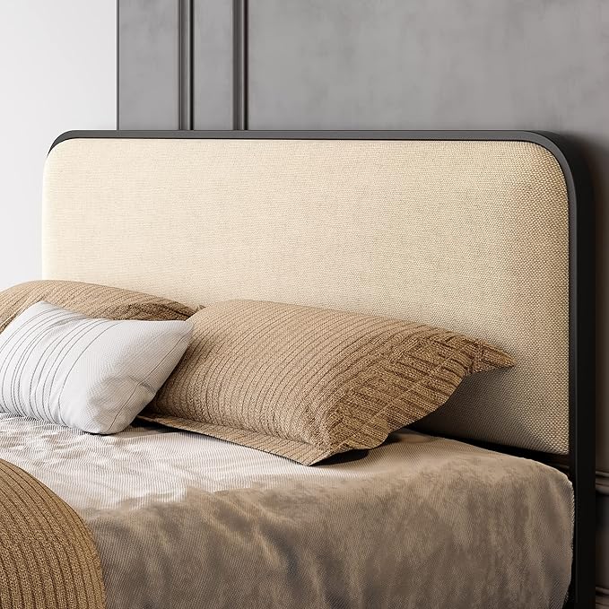 SHA CERLIN Queen Size Platform Metal Bed Frame with Curved Upholstered Headboard and Footboard Large Under Bed Storage No Box Spring Needed Modern Beige