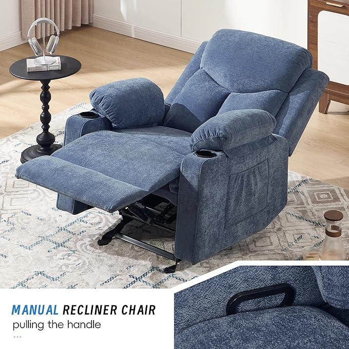 Manual Rocker Recliner Chair for Adults with Vibration MassageGlider Rocking Recliner Chairs for Living Room Bedroom Overstuffed Reclining Sofa Chair with Pockets and Cup Holds (Blue)