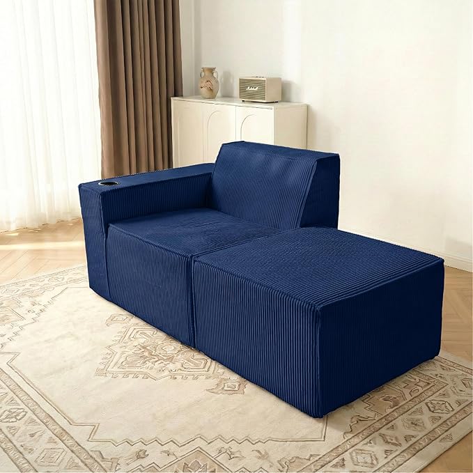Cloud Modular Sectional CouchBoneless Corduroy Sofa for Living RoomU Shaped Sofa with OttomanDeep SeatNo Assembly Required (Blue Left-arm Seat + Ottoman)