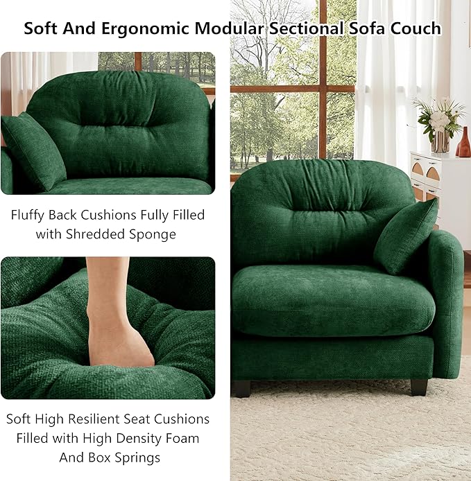 mikibama 107 Chenille Cloud Sofa 3 Seater Couch with OttomansModern Modular Sectional U-Shaped Cloud Sofas with Deep SeatU Shape Couch with Chaise Lounge Curved Arms for Living Room(Green3S+2O)