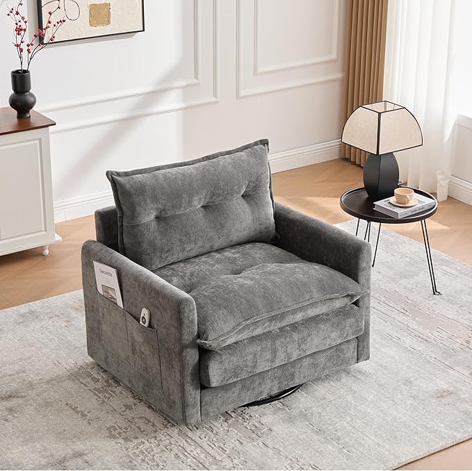 Furniliving Oversized Chenille Swivel Accent Chair for Living Room Upholstered Barrel Chair with Thick Padded Backrest Comfortable Single Sofa Chair for Bedroom Grey