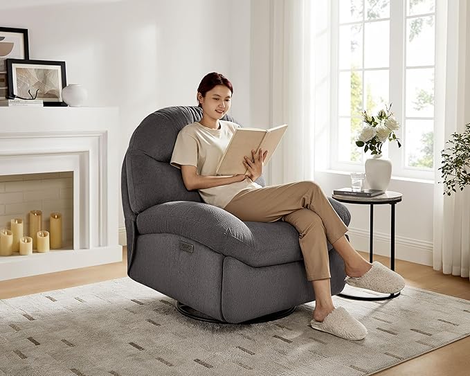 VANOMi Power Recliner Chair with USB &amp Type-C Charging 270° Swivel Glider Rocker Electric Nursery Recliner for Living Room Bedroom Office Dark Gray