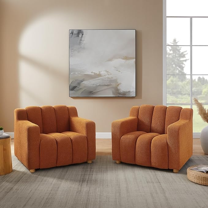 Modern Oversized Living Room Chairs 40 Wide Boucle Accent Chairs with Deep Seat and Wooden Legs Comfy Reading Arm Chair for Bedroom Apartment Orange