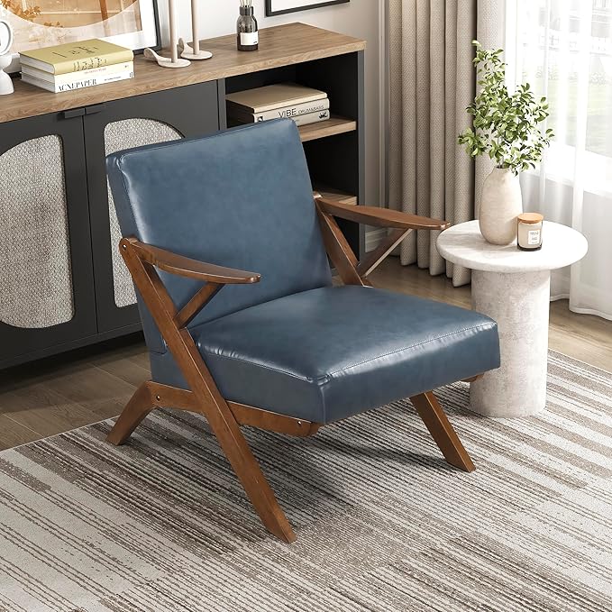 Lexicon Mid Century Modern Accent Chair Faux Leather Upholstered Lounge Seat Brown Finish Solid Wood Framed Comfy Side Chair for Living Room/Bedroom/Office/Waiting Area Blue