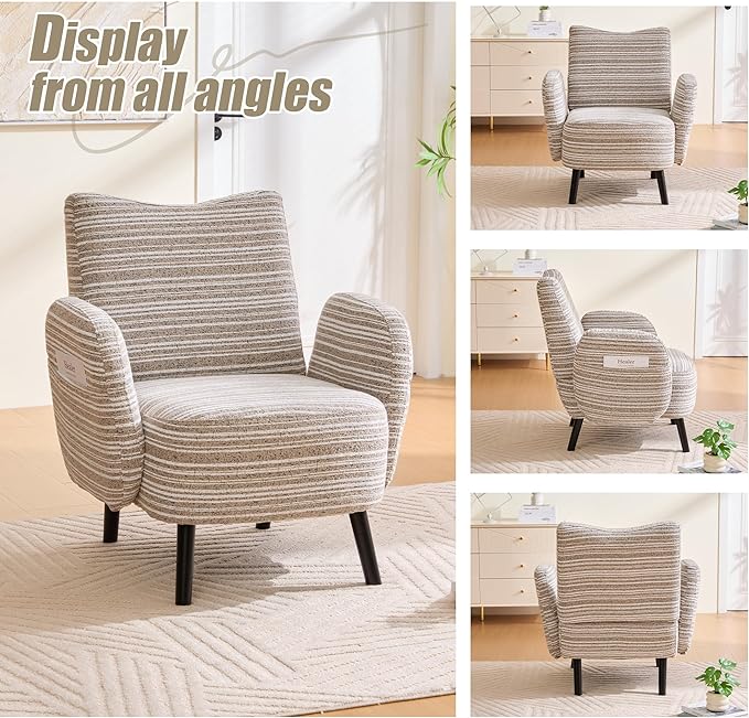 Modern Upholstered Armchair with Side Storage Pocket Fabric Reading Chair with Solid Wood Legs Ergonomic Accent Chair for Living Room Bedroom &amp Office (Khaki)