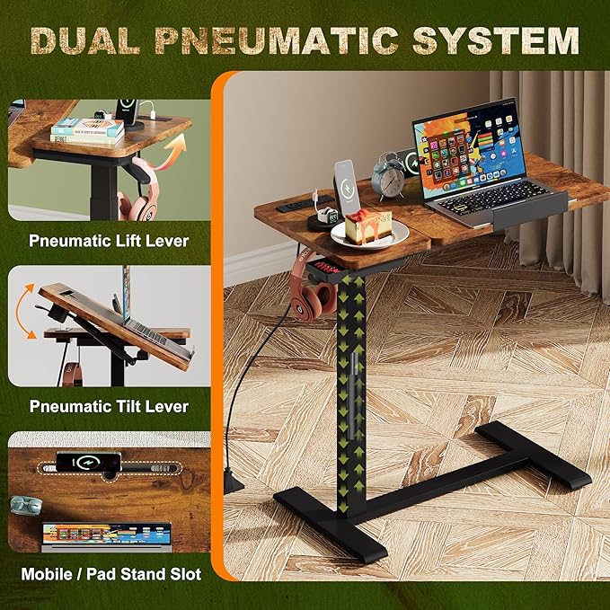 Standing Desk Medical Overbed Table with Rolling Tray and Power Outlet Dual Pneumatic Angel and Height Adjustable Desk Portable Side Table with Drawer for Home &amp Hospital Rustic Brown