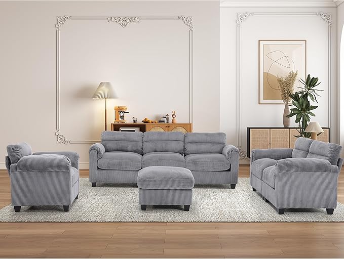 Corduroy Sofa Set Upholstered OttomanArmrest Loveseat and 3-Seater Couch with Plush Cushions and Rolled Arms Modern Living Room Furniture SetsGrey