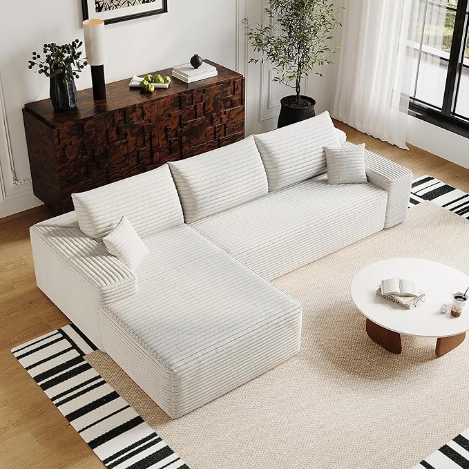 Oversized Corduroy Sectional Boneless Couch 108 W L Shaped Modular Sectional Sofa with Chaise/Ottoman No Assembly Required Compress Couches for Living Room (White 3 Seater+Left Chaise)