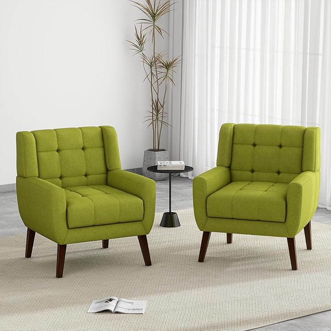 UIXE Accent Chairs Set of 2 Modern Upholstered Arm Chair in Fabric for Living Room Comfy Armchair Single Sofa Seat with Solid Wooden Legs (Green)