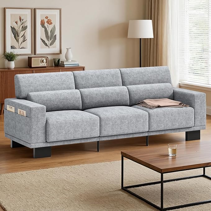 Gizoon 3-Seater Chenille Couch 89 Inch Modern Comfy Sofa with Wide Armrests &amp Deep Cushions for Living Room Bedroom and Apartment Grey