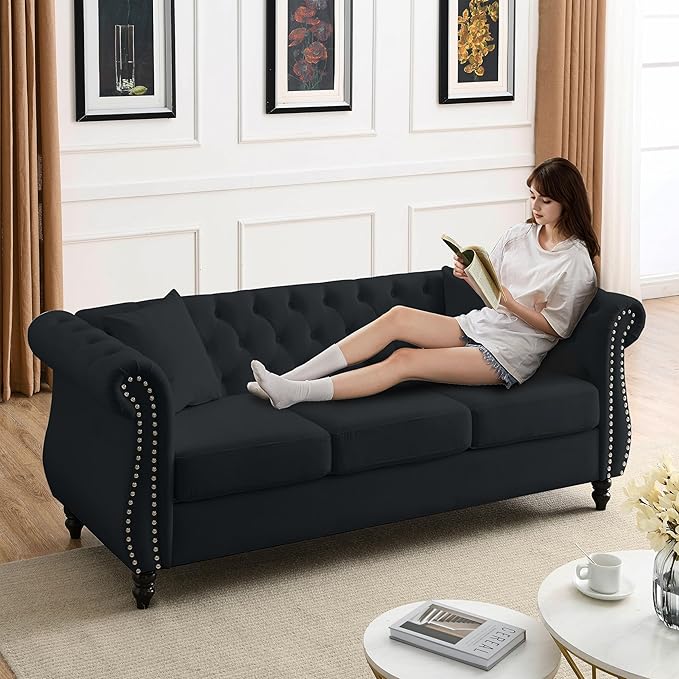 2 Piece Modern Black Velvet 80 3-Seater and 59 Loveseat Sofa Sets Chesterfield Tufted Combination Couch with 4 Pillows 8 Rolled Nailhead Arms Sofa for Living Room