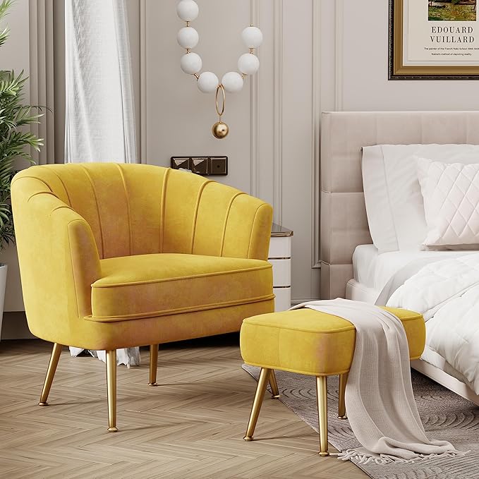 Andeworld Velvet Accent Chair with Ottoman Upholstered Modern Single Sofa Side ChairComfy Barrel Club Living Room Armchair with Golden Metal Legs for Bedroom Living Reading Room Office Yellow