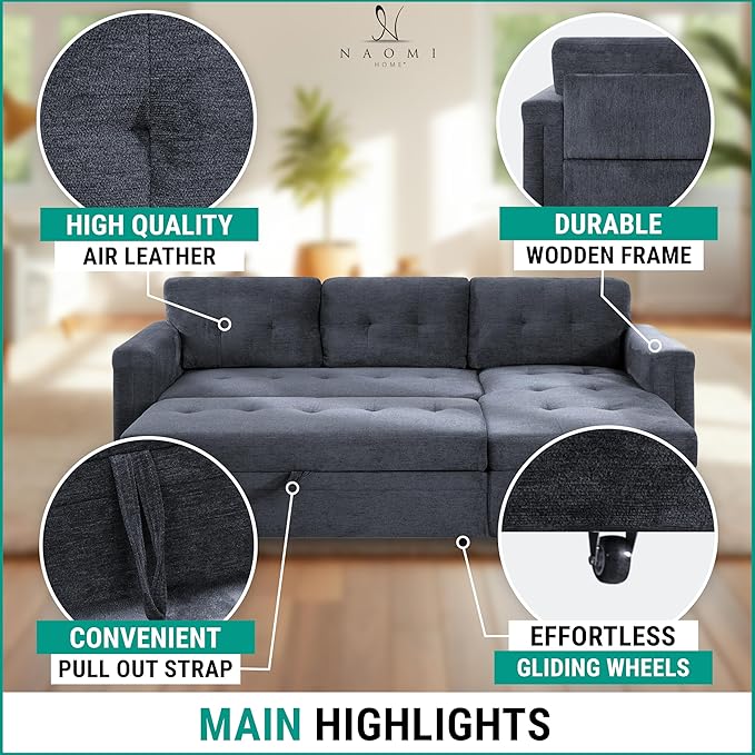Naomi Home L-Shaped Sectional Sleeper Sofa with USB Ports - Convertible Pull-Out Bed Ample Storage Timeless Design Durable Construction Gray/Microfiber