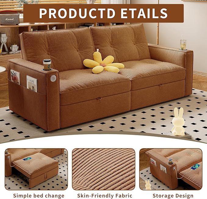 Queen Sofa BedConvertible Loveseat Sleeper SofasCouch with Pull Out BedPullout Couch Bed for Small SpaceQueen Sleeper Sofa Couches for Living RoomApartment &amp Guest Room Orange | USB Port Cup