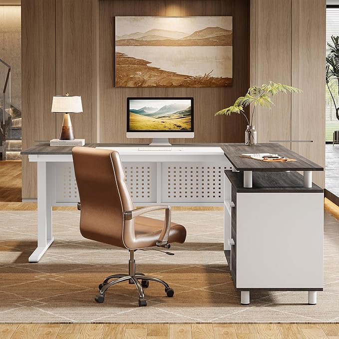 Tribesigns 63-Inch L-Shaped Executive Desk with Storage Shelves Large Office Computer Desk with Drawers and File Cabinet Industrial Business Workstation for Home Office Gray and White