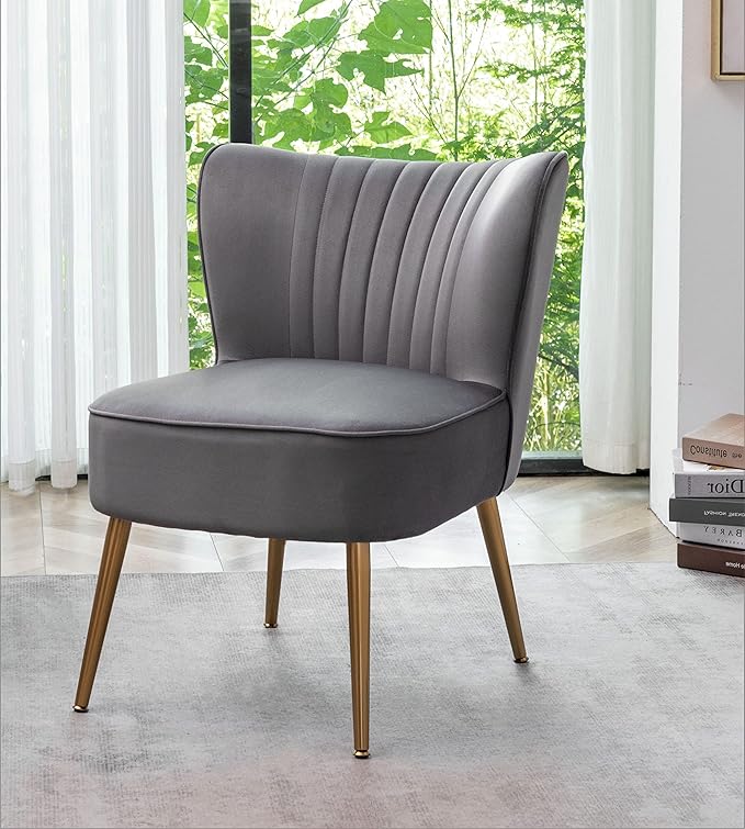 Modern Velvet Accent Chair for Living Room Bedroom or Entryway Stylish and Comfortable Armless Design with Metal Legs Grey