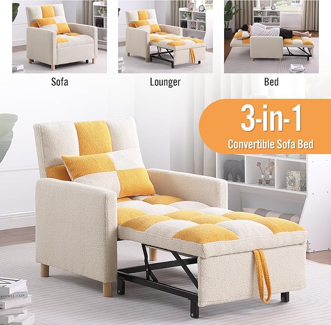 Sleeper Sofa Bed 3-in-1 Convertible Chair Bed Multi-Functional Sleeper Chair Soft Teddy Fabric for Living Room Apartment Office (White&ampYellow)