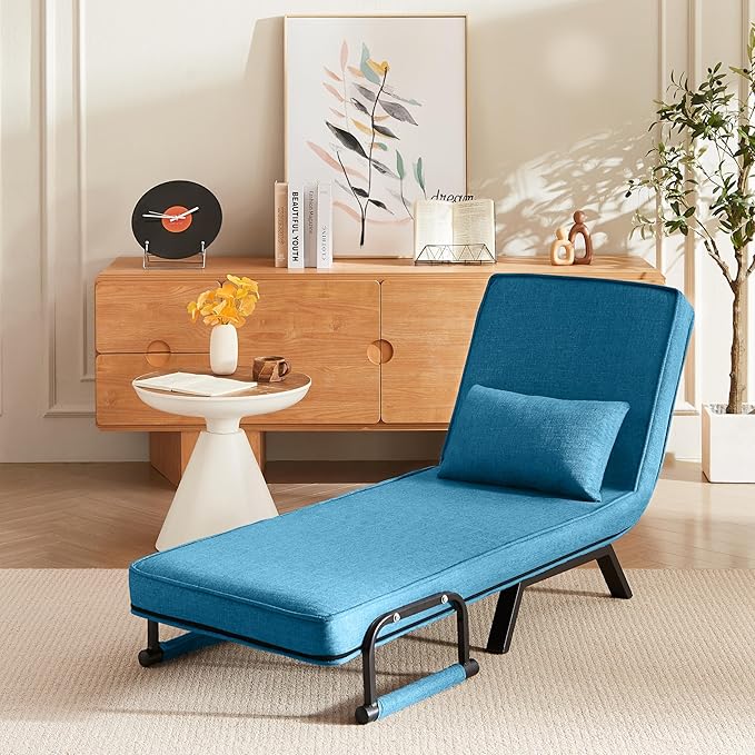 Foldable Chair Bed Comfortable Convertible Sofa Bed 5 in 1 Foldable Bed with 5 Adjustable backrests and Pillows Suitable for Comfortable Cushion Chair in The Office. (Blue+Linen+1Seat)
