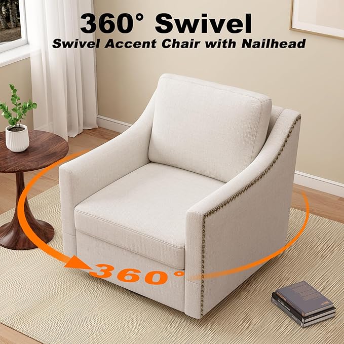 Swivel Accent Chairs for Living Room 360° Swivel Upholstered Club Armchairs with Nailhead Trim Metal Swivel Base Linen-Textured Fabric – White