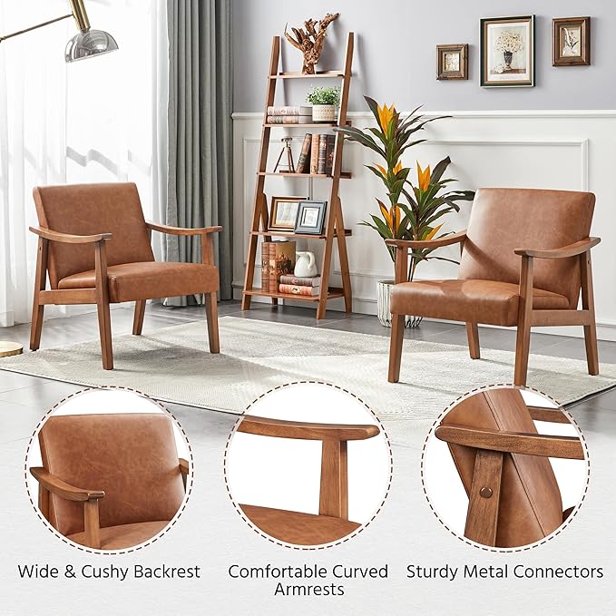 Yaheetech PU Leather Accent Chair Mid-Century Modern Armchair with Solid Wood Legs Reading Leisure Chair for Living Room Bedroom Waiting Room Light Brown Set of 2