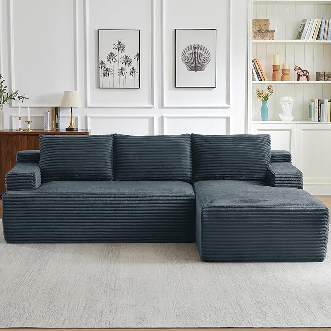 Modern Corduroy Modular Sectional Sofa96.1 Minimalist Style L-Shaped 3 Seat Couch with Side Storage PocketsComfortable Chaise Lounge For Living RoomReception AreaDark Grey Right Chaise Lounge
