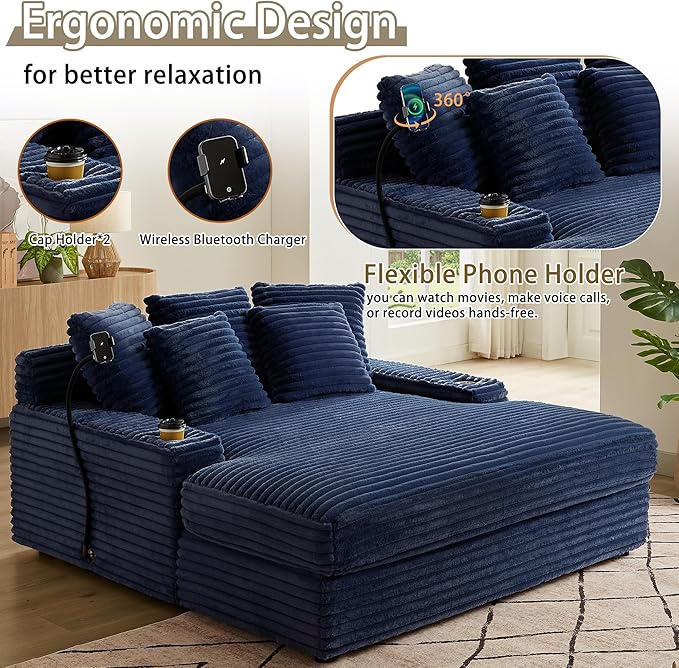 65.35 Oversized Chaise Lounge Chair for 2 Upholstered Sleeper Sofa Bed with Cup Holders | Charging Station | Removable Backrest | Backrest Pilow Fluffy Chair Sofa Couch for Living Room