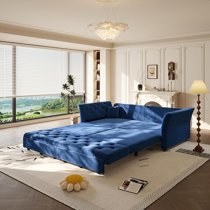 KEIKI 74.7 Queen Pull Out Sofa Bed Velvet Convertible Sleeper Sofa Button Tufted Chesterfield Sofa Pull-Out Couch Bed for Living Room Bedroom Apartment Blue