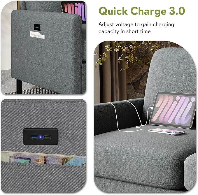 STHOUYN Modern 3-Piece Living Room Set 72 Grey 3 Seater Couch and 56 Loveseat with USB Ports Small Couch and Chair Set for Small Space Apartment Office (Grey 1 Chair + 1 Loveseat + 1 Couch)