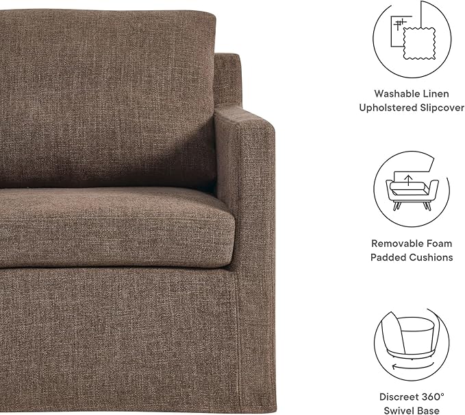 Modway Serene Swivel Accent Armchair in Mocha - Modern Fabric Upholstered Chair - Slipcovered Armchair - Swivel Chair for Living Room or Bedroom