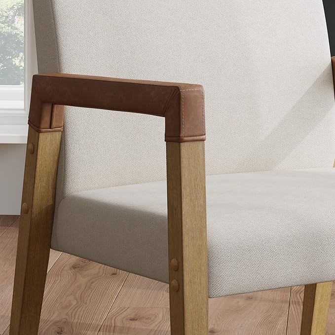 Nathan James Hudson Accent Living Room Chair Comfy Reading Bedroom Chair Mid-Century Wood Armchair Upholstered Fabric and Leather Armrest
