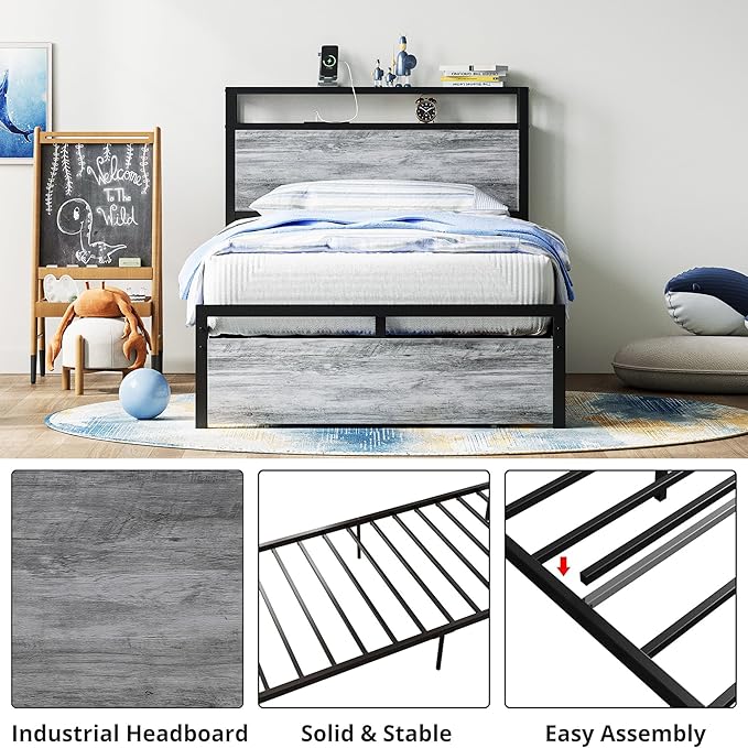 LIKIMIO Twin Bed Frames with Drawer Storage Headboard with Outlets No Box Spring Needed Easy Assembly Industrial Gray