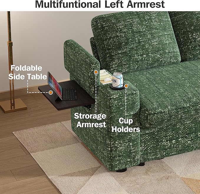 Vipbear 65 Loveseat Sleeper Sofa with Pull Out Bed Chenille 3-in-1 Convertible Sofa Bed with Reclining Backrest|USB Ports|Cup Holders|Side Table|Storage Armrests Tool Free Assembly Green