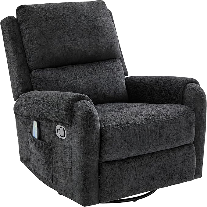 Christopher Knight Home Harper Massage Recliner Chair with 8 Modes Chenille Upholstered Recliner Sofa Swivel Massage Chair with a Side Storage Pocket for Living Room/Bedroom Head Support Black