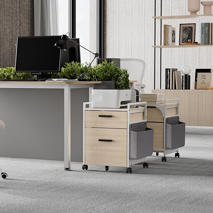 EUREKA ERGONOMIC 2-Drawer Mobile File Cabinet with Wheels Solid Wood Rolling Storage Cabinet for Home Office Space-Saving Under Desk Organization with Printer StandWhite