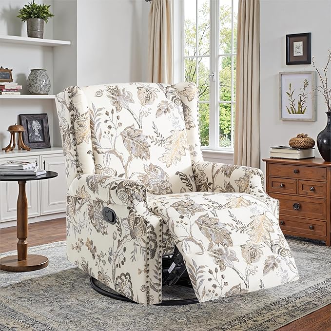 Swivel Rocker Recliner Chair Manual Nursery Glider Recliner Floral Fabric Wingback Accent Chair with Adjustable Backrest &amp Footrest for Small Spaces Living Room Bedroom (Plants Beige Set of 1)