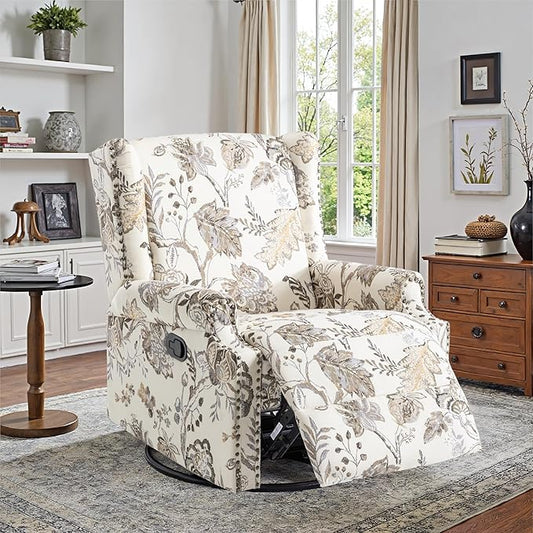 Swivel Rocker Recliner Chair Manual Nursery Glider Recliner Floral Fabric Wingback Accent Chair with Adjustable Backrest &amp Footrest for Small Spaces Living Room Bedroom (Plants Beige Set of 1)