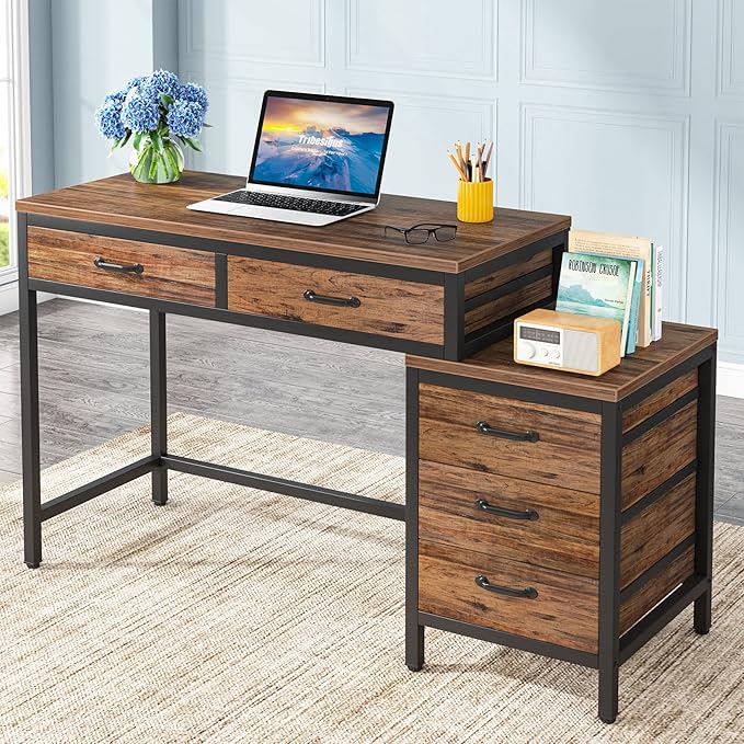LITTLE TREE 5 Drawers Computer Desk Desk with Reversible File Drawer Cabinet for Home Office Brown