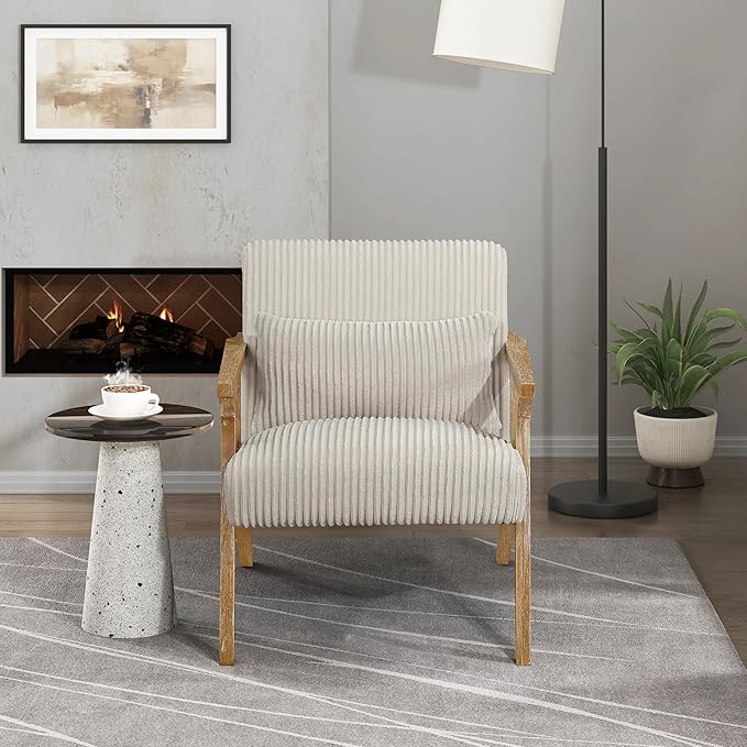 Lexicon Mid Century Modern Accent-Chair with Lumbar Pillow Brown Solid Wood Frame Comfy Corduroy Upholstered Lounge Arm Chair for Living Room/Bedroom/Office/Reading Nook Assembly Required Beige