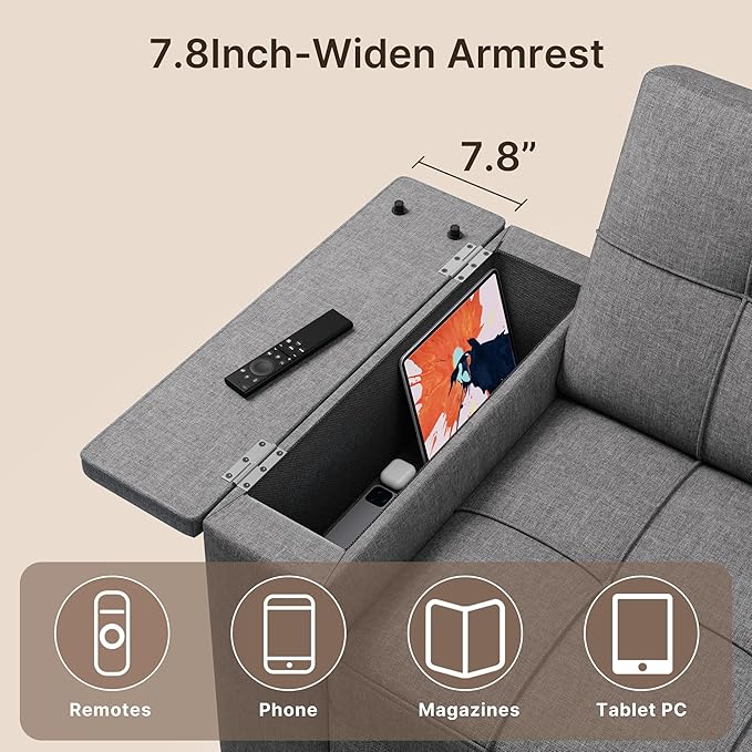 Gizoon 3 in 1 Convertible Sofa Bed Queen 63.6'' Pull Out Couch with Storage Armrests Sofa Cama Adjustable Backrest &amp Pockets Linen Loveseat Sleeper for Small Apartment Living Room Dark Grey
