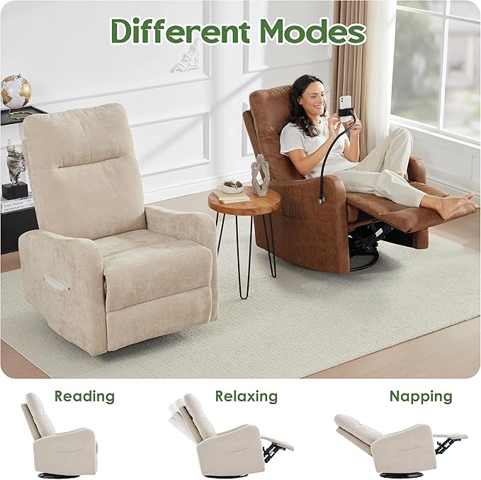 Oversized Recliner Chair Swivel Rocking Chair Reclining with Phone Holder Ergonomic Lazy Boy Fabric Sofa Chair with Lumbar Support Manual Glider Chair for Living Room RV Beige