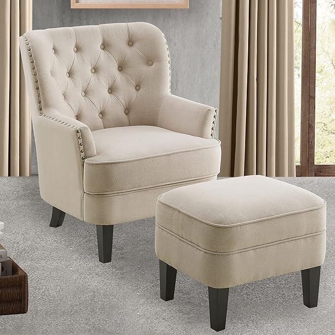 Rosevera Accent Chair and Ottoman Set - Button Tufted Armchair for Living Room Bedroom Reading - Mid-Century Modern Lounge Chair Set - Beige