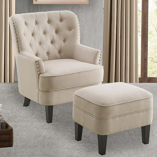 Rosevera Accent Chair and Ottoman Set - Button Tufted Armchair for Living Room Bedroom Reading - Mid-Century Modern Lounge Chair Set - Beige