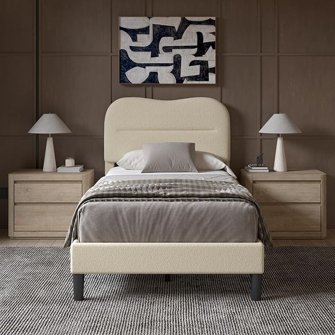 Twin Bed Frames with Headboard Upholstered Bed Frame Twin Teddy Soft Boucle Fabric Twin Size bedframes Soft Cloud Marshmallow Shape Upholstered Headboard No Box Spring Needed Noise Free (Beige)