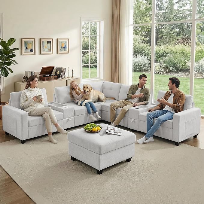 104'' Modular Sectional Sofa with 2 Tech Consoles Oversized U Shaped Couch Set with USB Charger Storage Movable Ottoman Chenille Large Sectional Couches for Living Room (Beige)