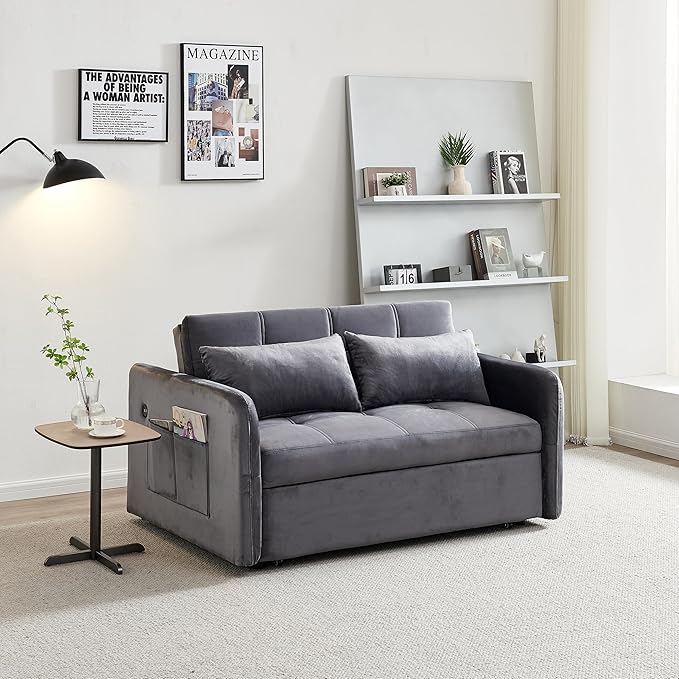 55.5 Velvet Convertible Sofa Bed Pull Out Sleeper Sofa Bed Loveseat Couch with USB Charging Ports 3 in 1 Convertible Sleeper Sofa Bed for Living Room Apartment Bedroom RV Grey