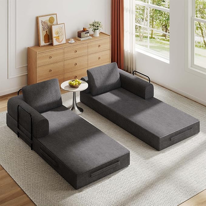 Convertible Sleeper Sofa Bed 3-Seat Corduroy Futon Couch with Cylindrical Pillow Foldable Mattress for Living Room &amp Bedroom 79 Inch Multi-Functional Sofa (Dark Gray)