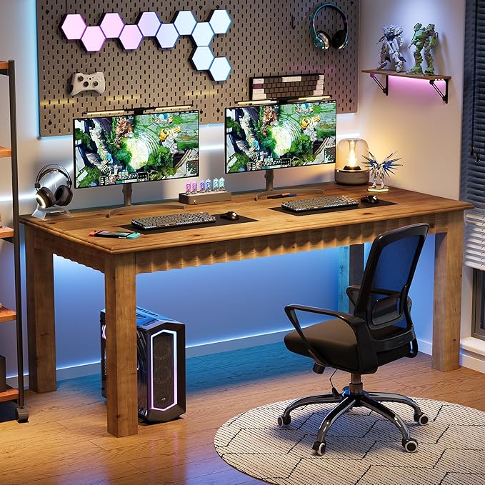 63-Inch Computer Desk Solid Wood Home Office Desk with Sturdy Wooden Legs Rustic Large Computer Office Table for Writing Reading Study Brown