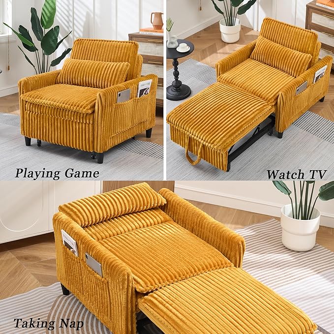 3-in-1 Convertible Sofa Chair BedPull Out Couch Single Sleeper Chair Bedwith Adjustable Backrest with Side Pockets Lounge Sofa for Living Room Bedroom Small Spaces (Yellow)