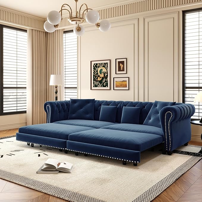3-in-1 Convertible Sleeper Sofa Bed with Storage Ottoman King Size Velvet Tufted Chesterfield Sofa for Living Room Apartment Guest Room (Blue)